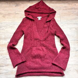 Y2K Hooded Sweater Red Ribbed Knit Pullover Womens Large Fits Medium Cozy